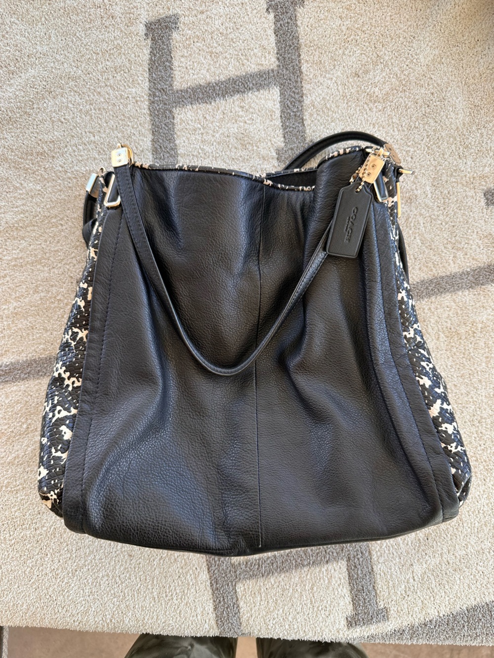 Coach Black Leather Tote with Black-and-White Trim
